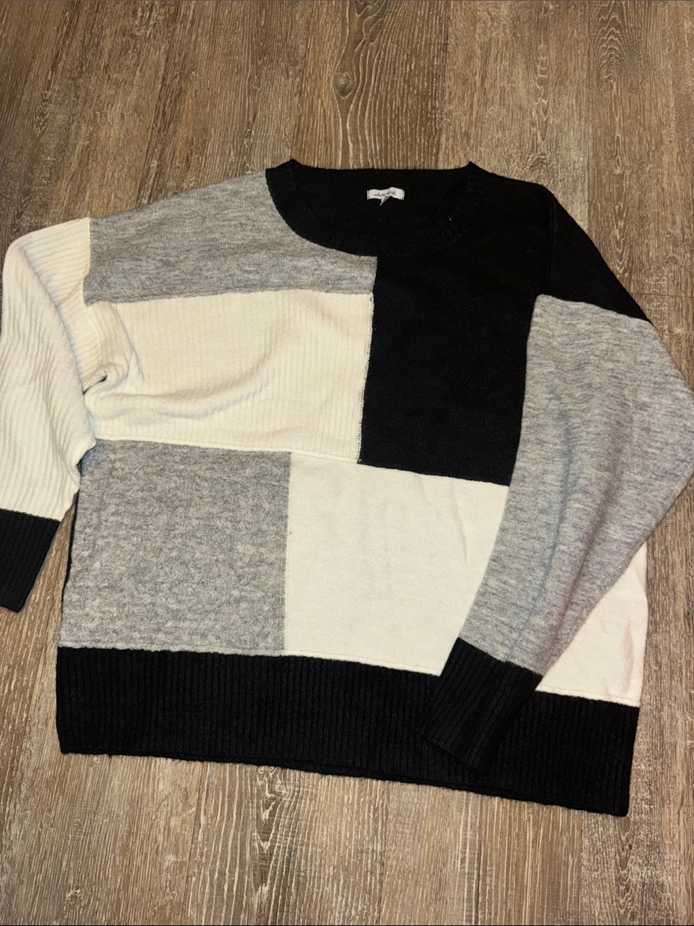 white birch Colorblock Crewneck Sweater in Black, Gray, and Cream